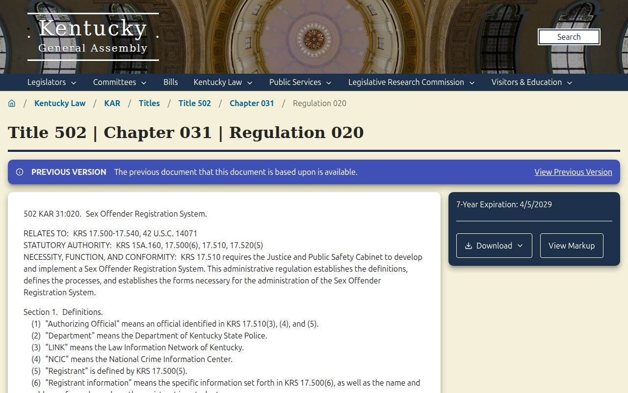 Kentucky registration regulation for Owen County sex offender records